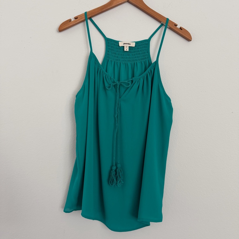Meraki Teal Flowy Cami Tank Top Women’s Medium Boho Tassel Tie Spring Summer